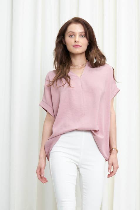 NKT6078B - SOLID DOLMAN SLEEVE V-NECK TOP