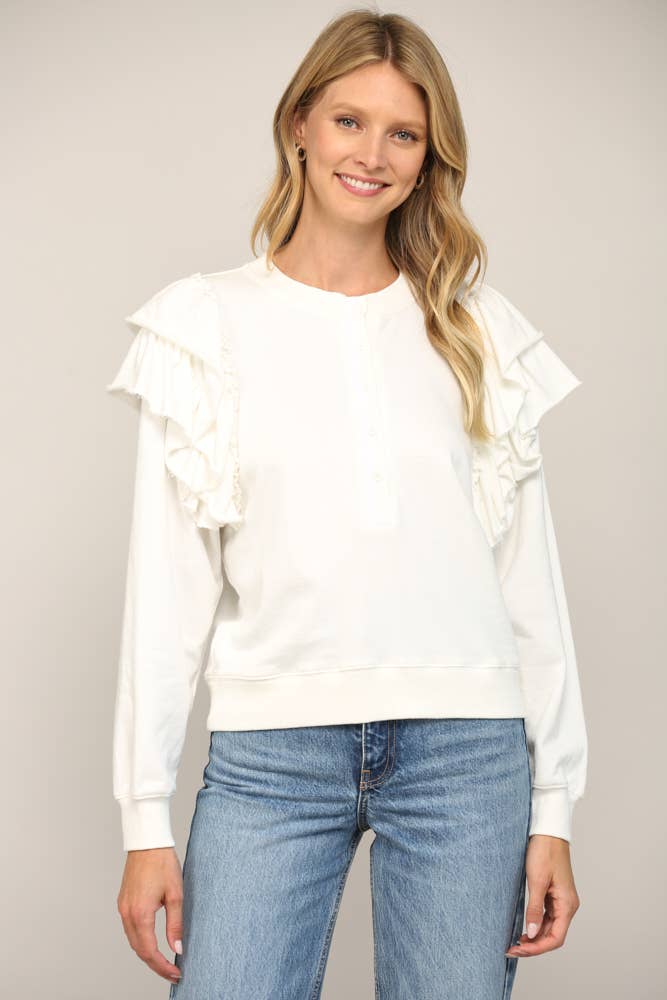 RUFFLE SHOULDER DETAIL WASHED SWEATSHIRT FT21013