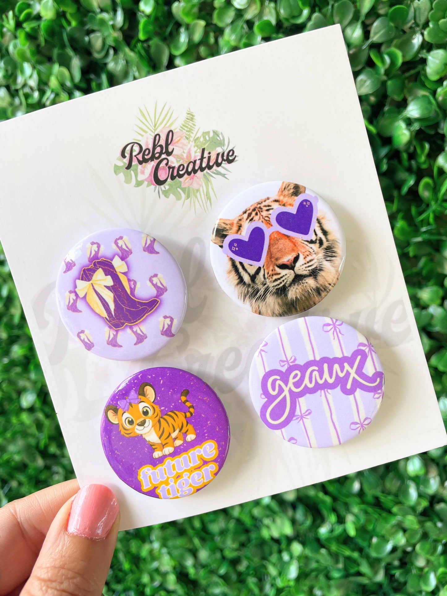 Kid's 4 Pack - Tiger Girls - Purple/Yellow- Game Day Buttons