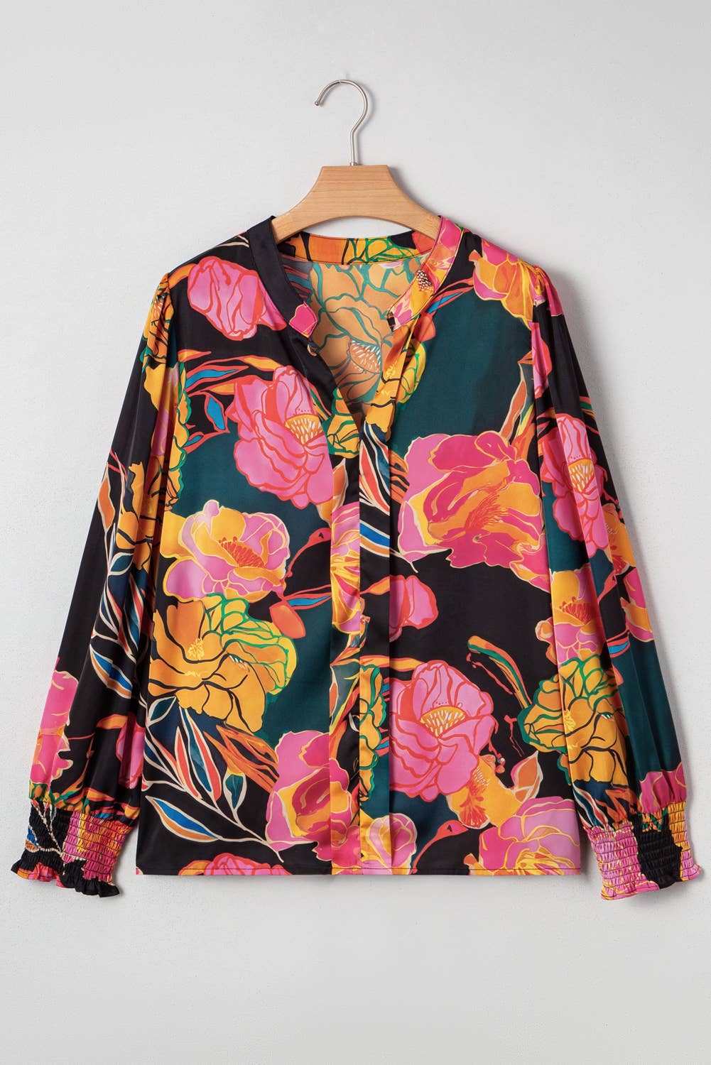 Floral Print Smocked Cuffs V Neck Blouse | S-XL