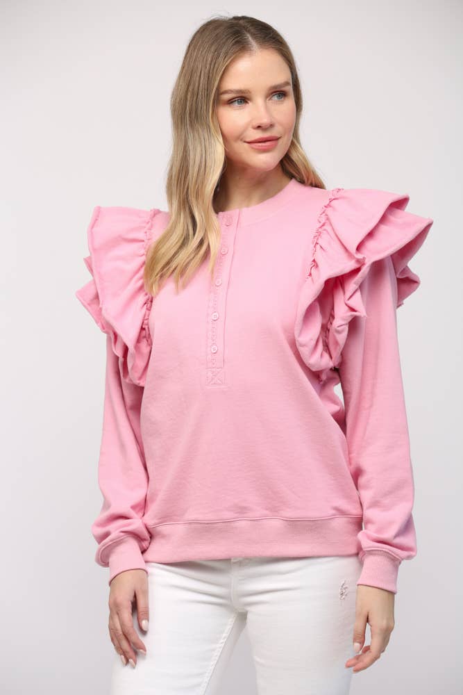 RUFFLE SHOULDER DETAIL WASHED SWEATSHIRT FT21013