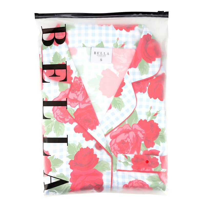 PJ Set with Velvet Tie - Blue Gingham + Red Roses