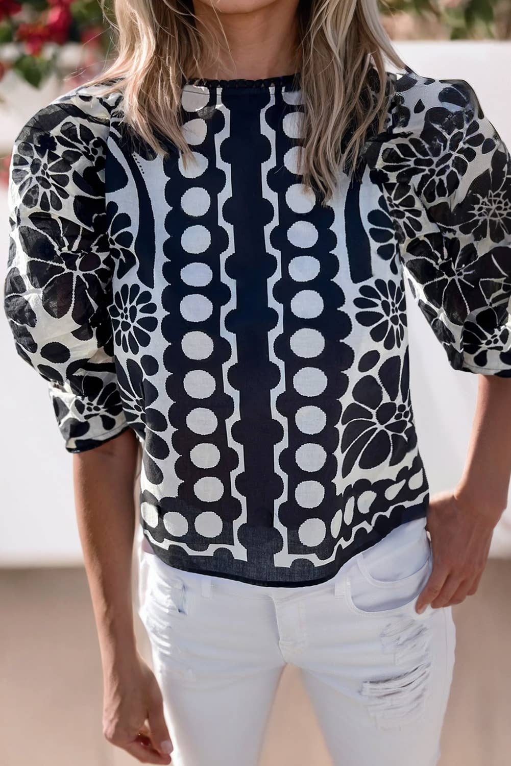 Women Printed Puff Sleeve Buttoned Back Blouse  | S-XL