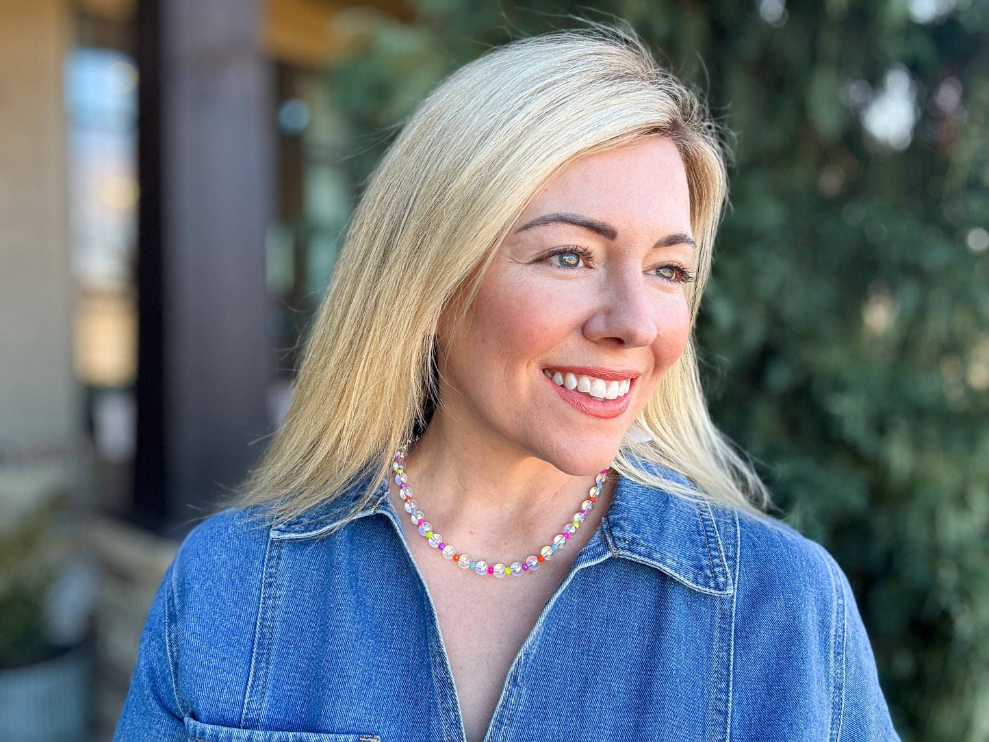 Beaded Necklace - Clear + Multi-Colored - Lanie