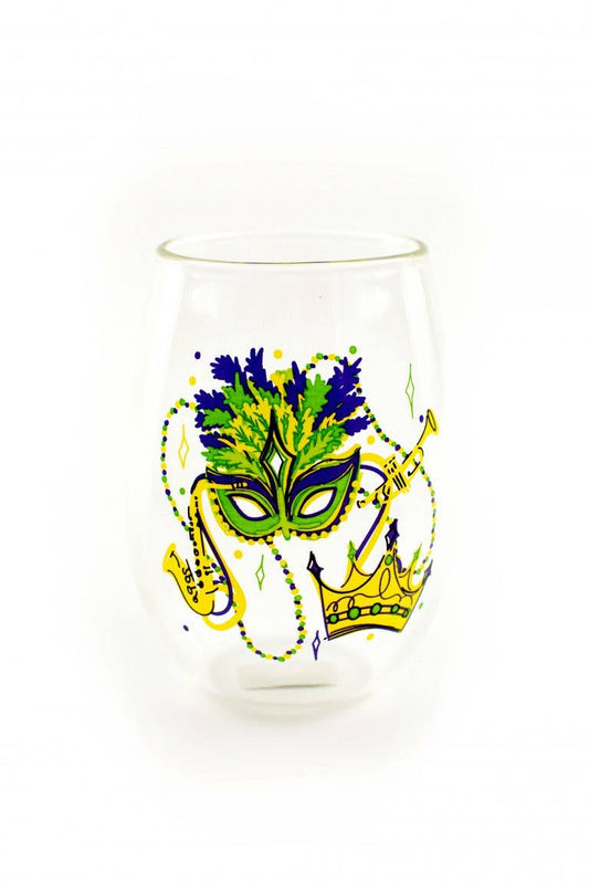 Stemless Wine Glass - Mardi Gras Mask