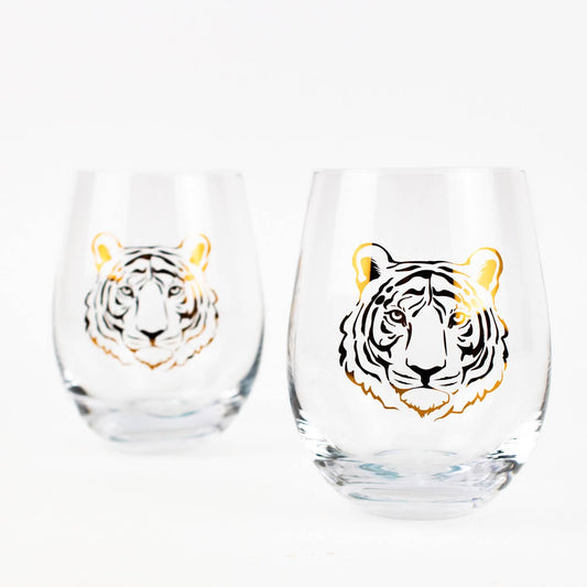 Tiger Wine Glass Set    Clear/Gold   16oz