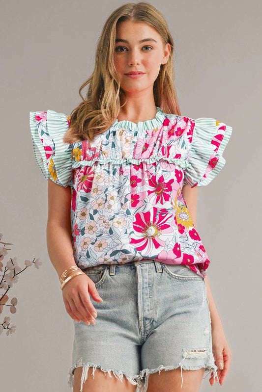 Chic Floral Print Striped Ruffle Trim Blouse | S-XL