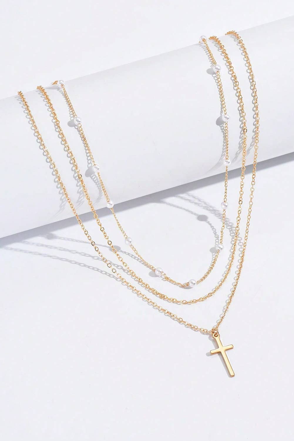 LDC Plated Pendant Pearl Decor Triple Layer Chain Necklace