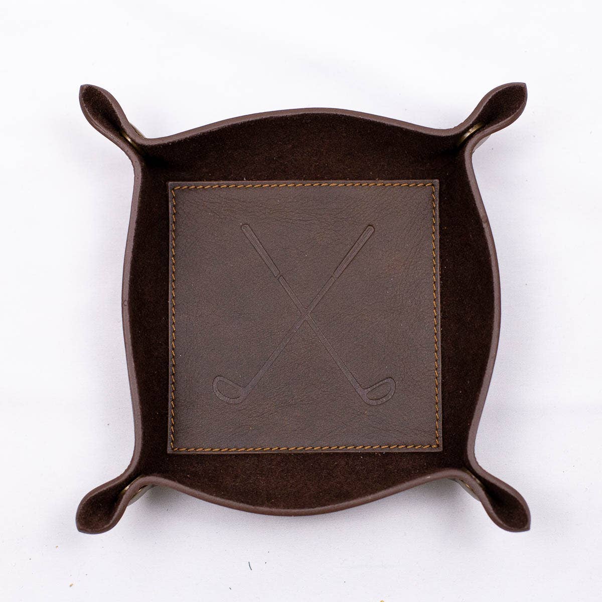 Golf Leather Embossed Valet Tray   Dark Brown   8x8