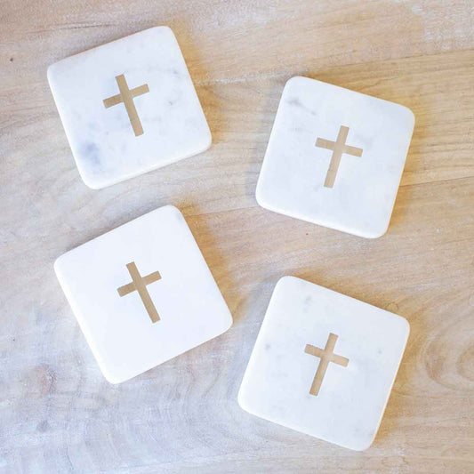 Cross Marble Coasters   White/Brass   4x4 Set of 4