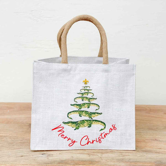 Gator Christmas Tree Gift Tote   White/Green/Red  12x10x8