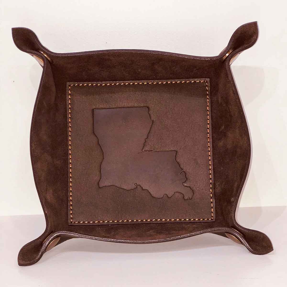 Louisiana Leather Embossed Valet Tray   Dark Brown   8x8