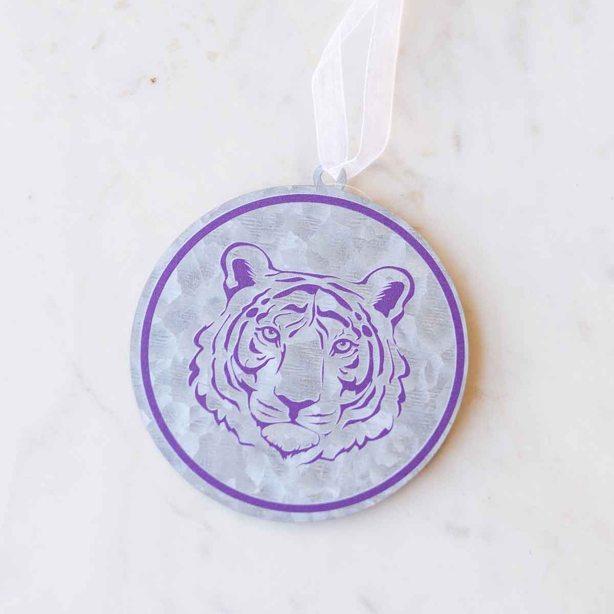 Galvanized Go Get 'em Tiger Ornament    Silver/Purple   4"